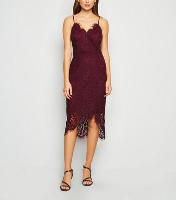 Burgundy Lace Asymmetric Wrap Midi Dress | New Look
