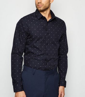 Image of Navy Diamond Long Sleeve Poplin Shirt New Look