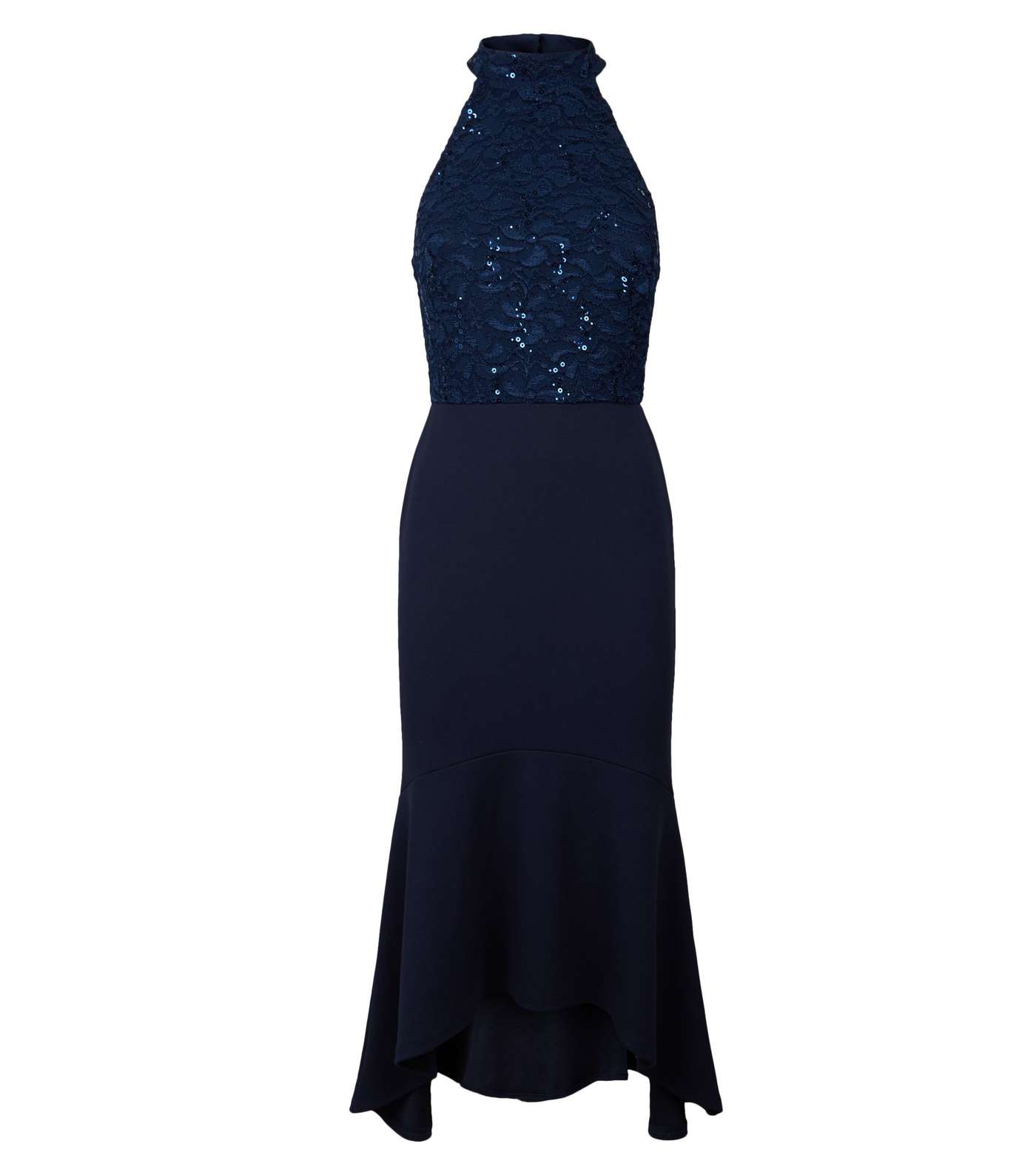 Navy Sequin Lace Fishtail Midi Dress Image 4