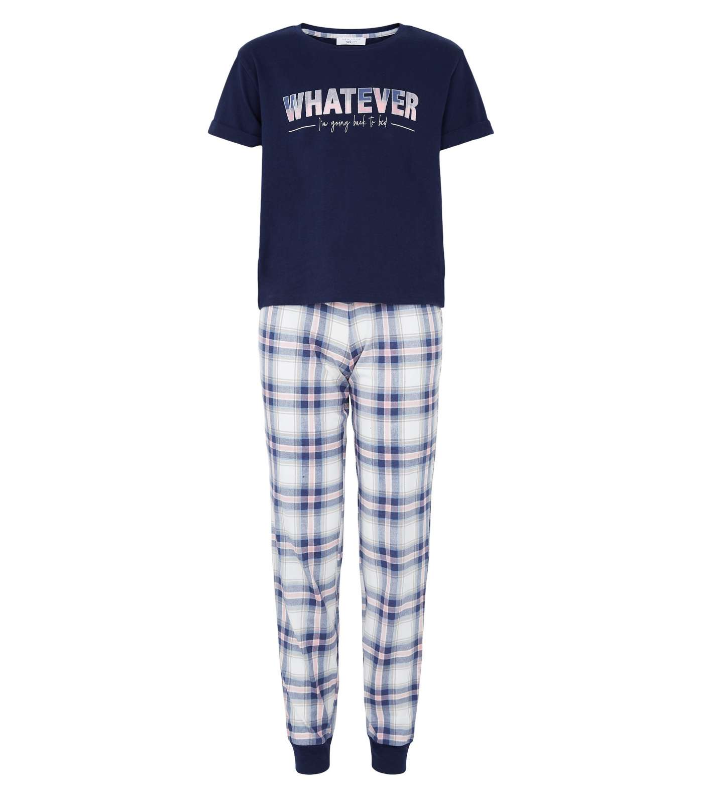 Girls Blue Check Whatever Slogan Jogger Pyjama Set Image 4
