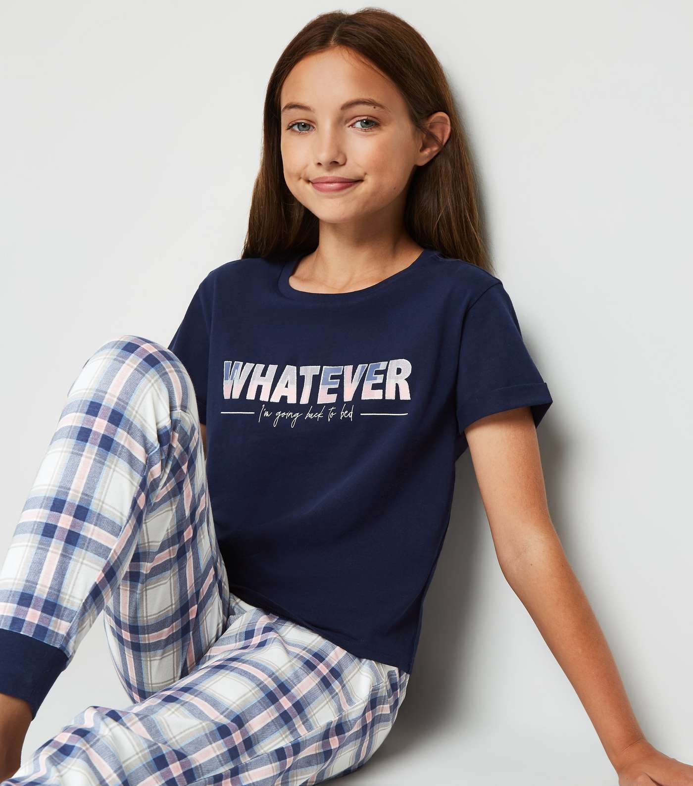 Girls Blue Check Whatever Slogan Jogger Pyjama Set Image 2