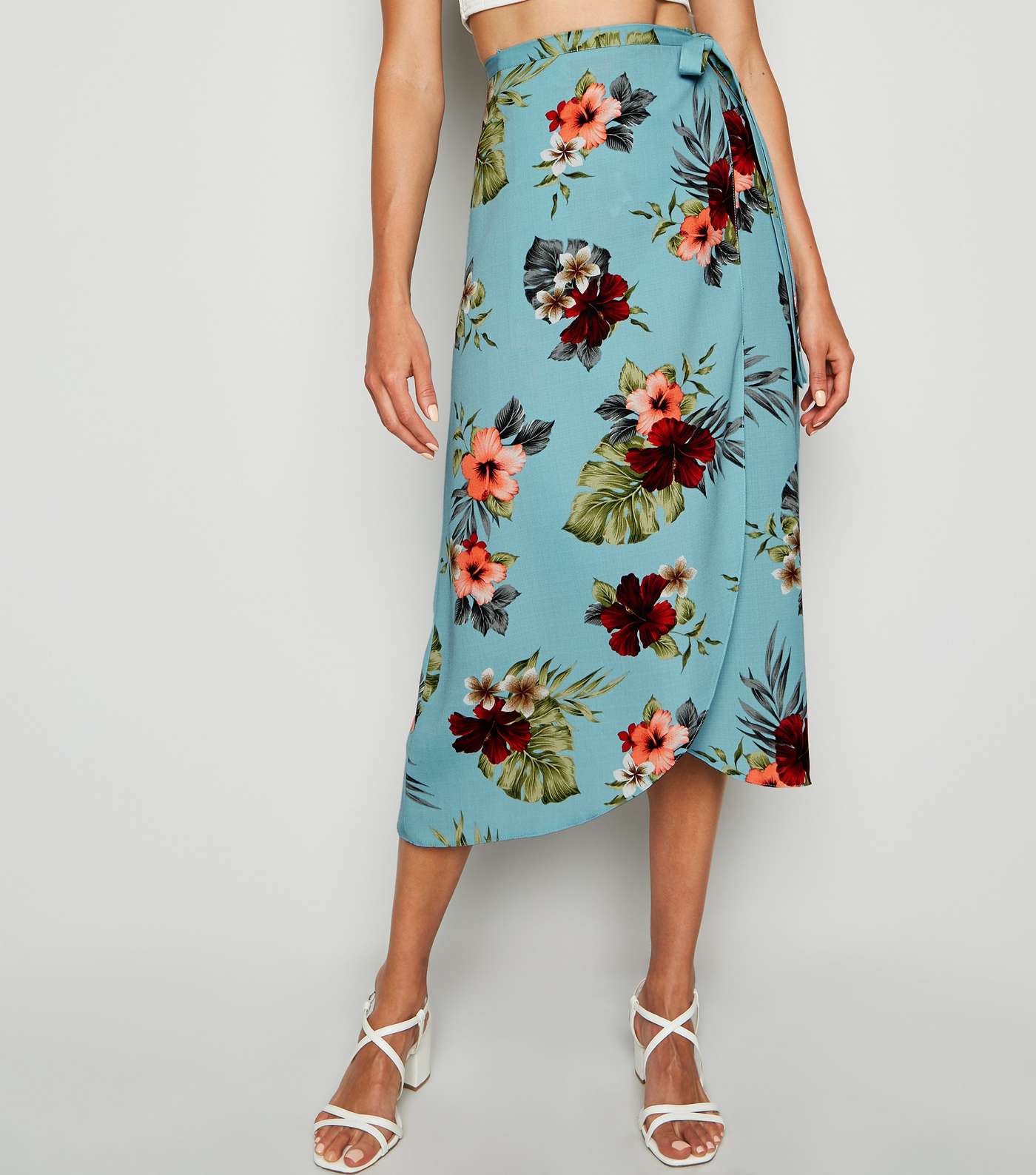 Blue Tropical Floral Wrap Midi Skirt Image 2