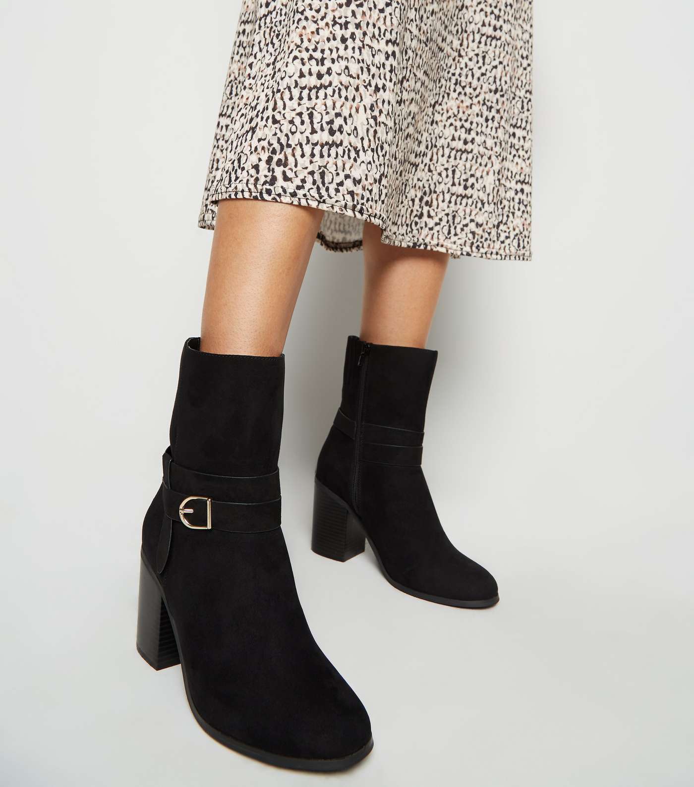 Wide Fit Black Suedette Heeled Calf Boots Image 2