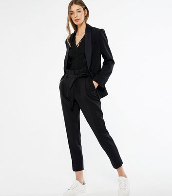 Black High Tie Waist Tapered Trousers 