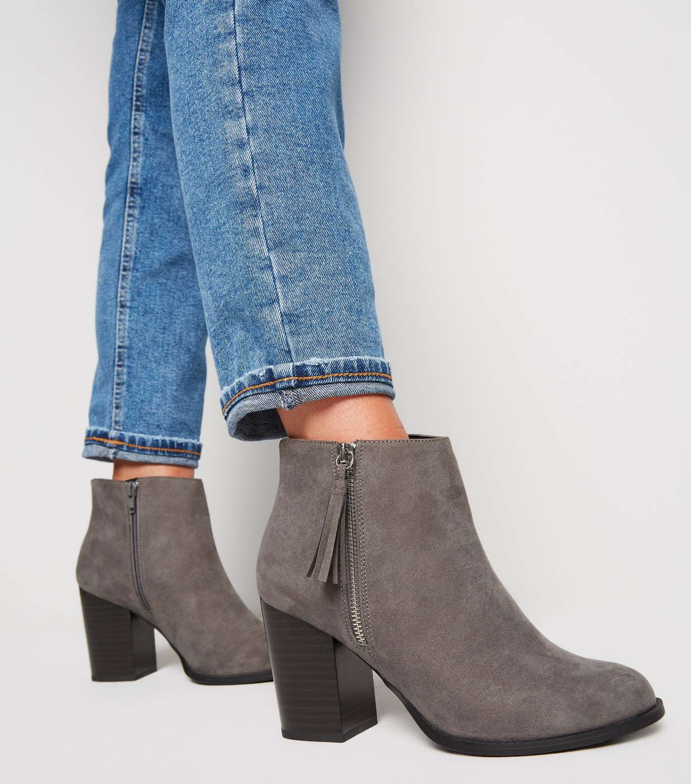 Wide Fit Grey Tassel Block Heel Boots Image 2