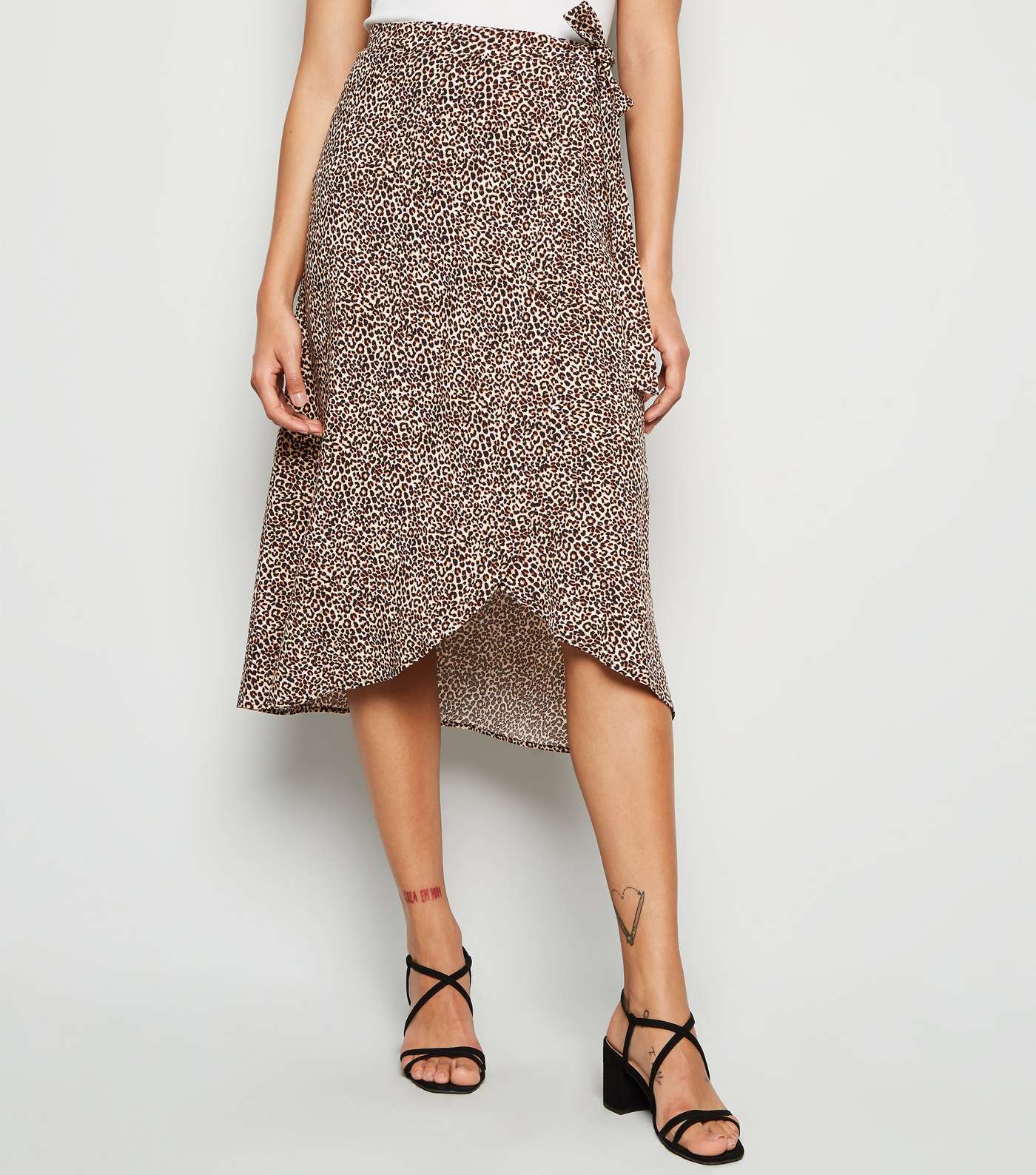 Brown Leopard Print Tie Side Wrap Midi Skirt Image 2
