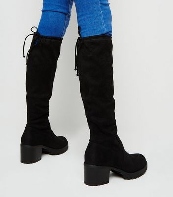 Girls Black Suedette Chunky Boots | New Teens Black Suedette Chunky Knee High