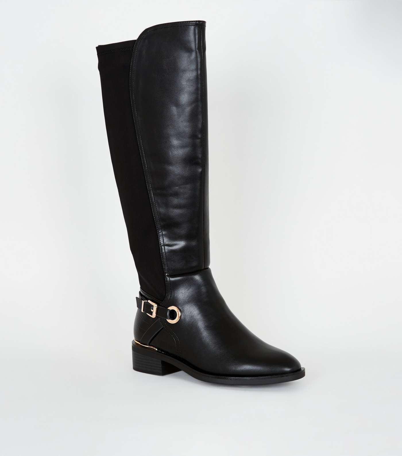 Wide Fit Black Leather-Look Knee High Boots