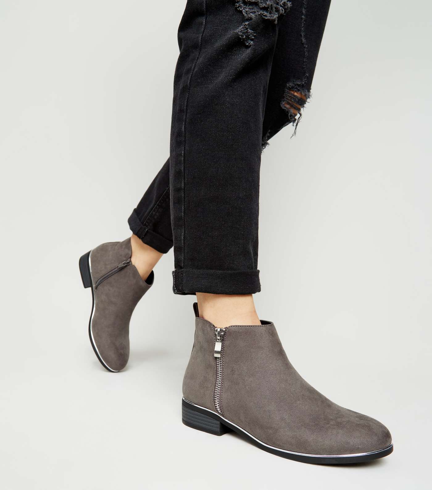 Girls Grey Suedette Piped Ankle Boots Image 2