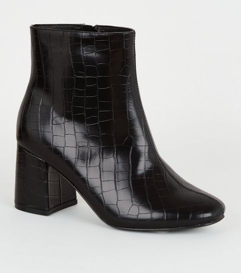 Wide Fit Black Faux Croc Flared Heel Boots