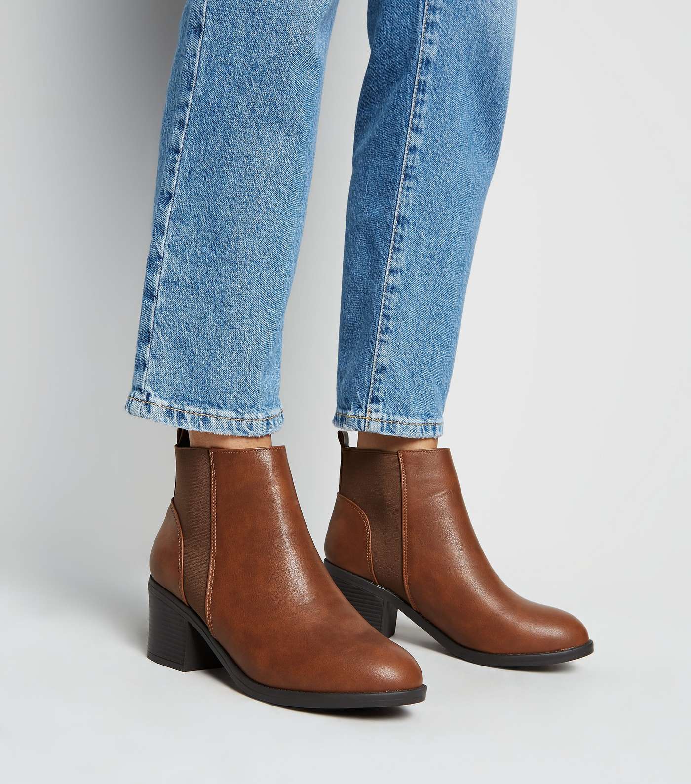 Wide Fit Tan Leather-Look Heeled Chelsea Boots Image 2