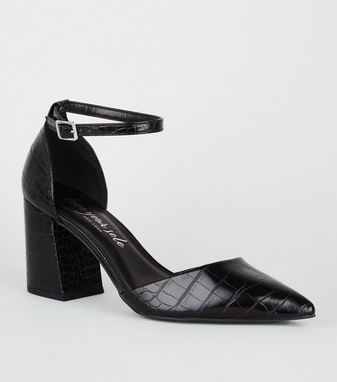 Black Faux Croc 2 Part Court Shoes  