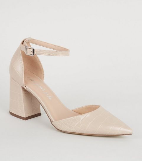 Cream Faux Croc 2 Part Court Shoes  