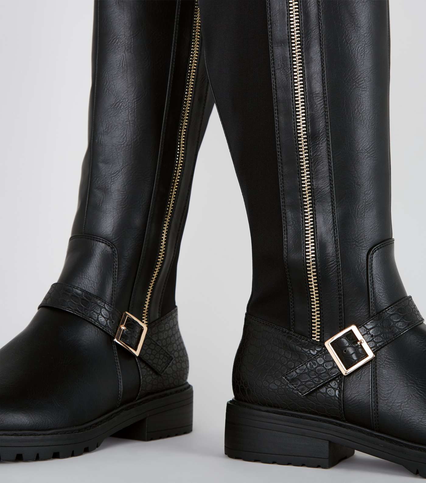 Black Side Zip Chunky Knee High Boots Image 3