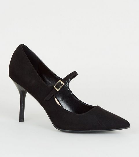 Black Suedette Mary Jane Court Shoes 