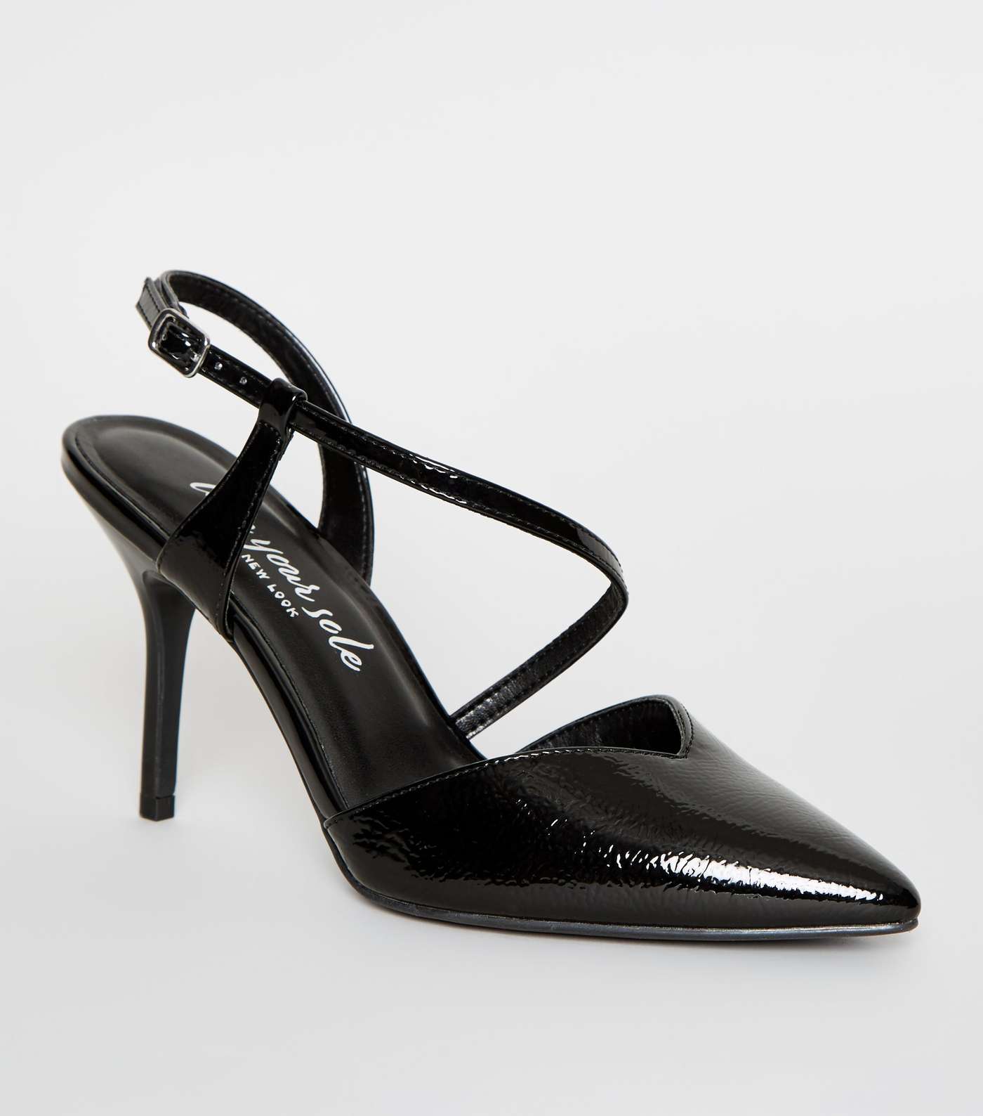 Black Patent Strappy Pointed Stiletto Courts