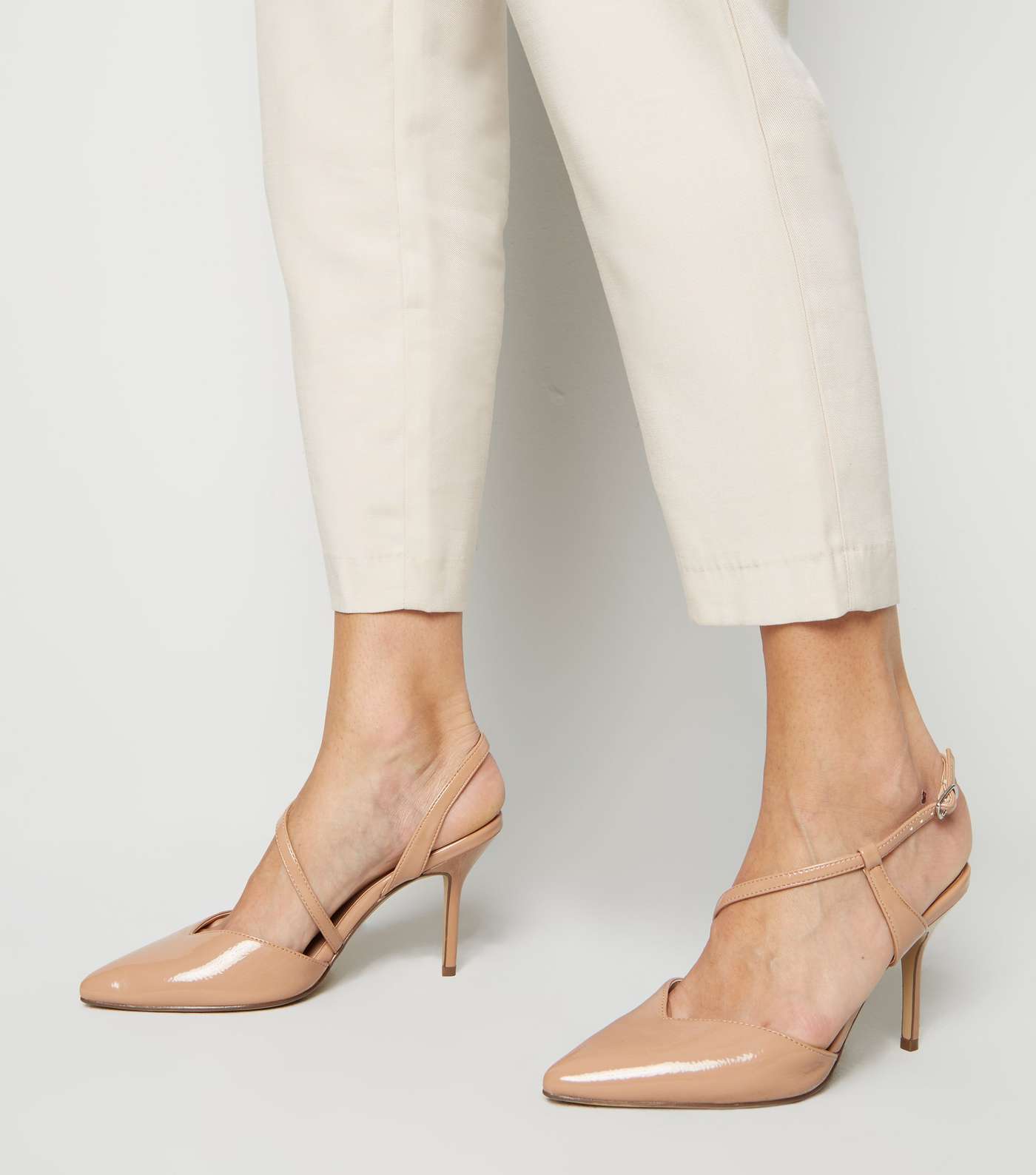 Camel Patent Strappy Pointed Stiletto Courts Image 2