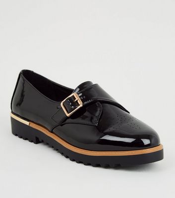 Black Patent Chunky Monk Shoes | New Look