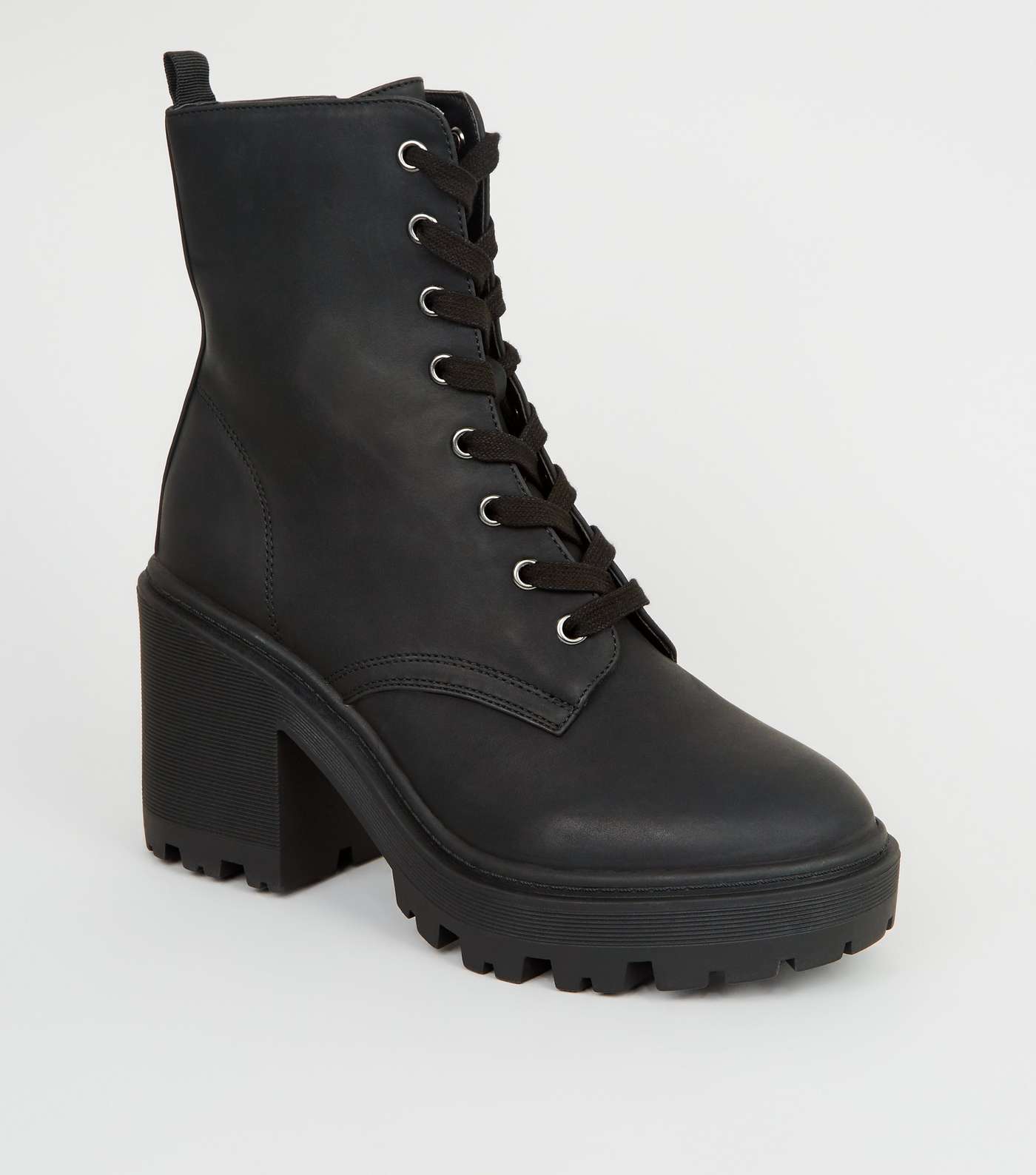 Black Leather-Look Chunky Block Heel Boots