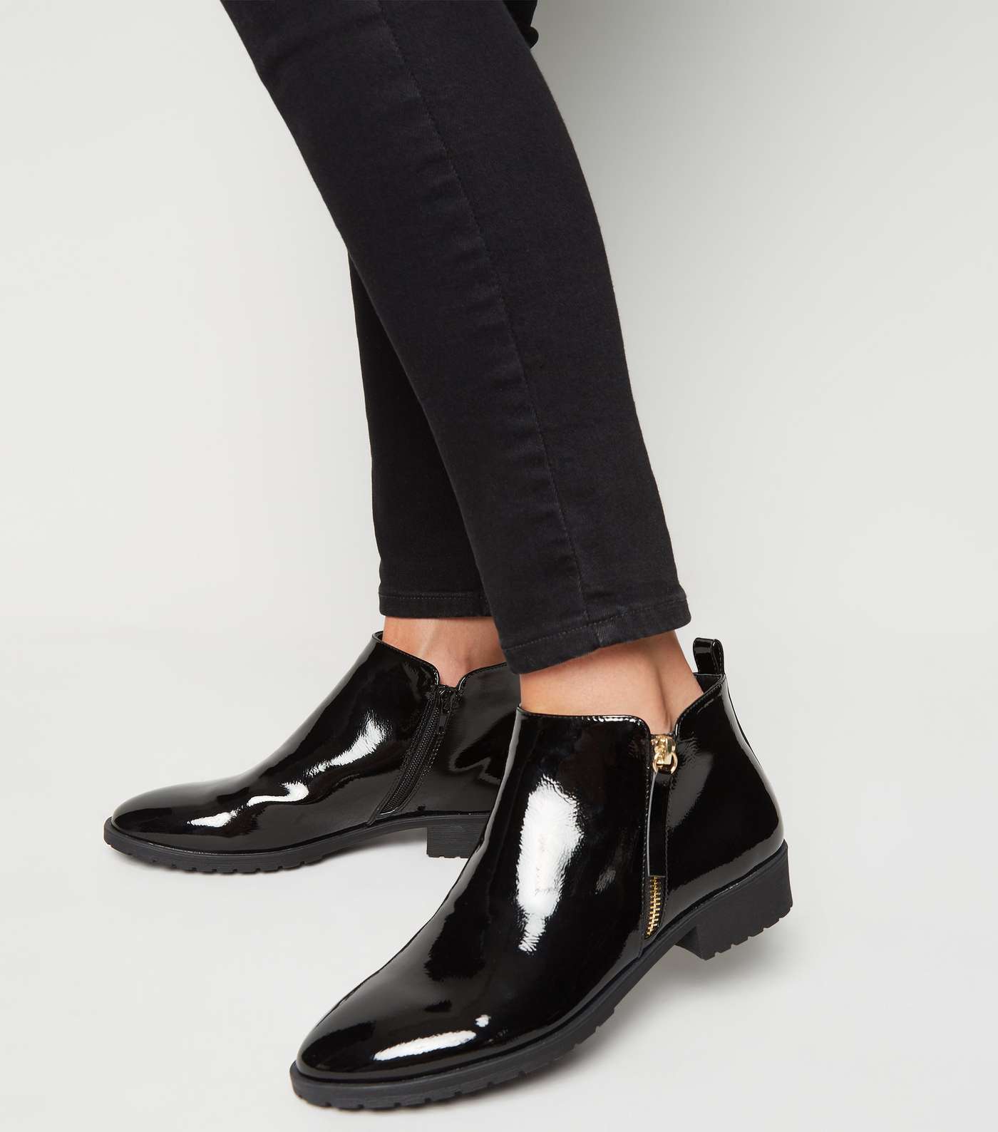 Black Patent Zip Side Flat Ankle Boots Image 2