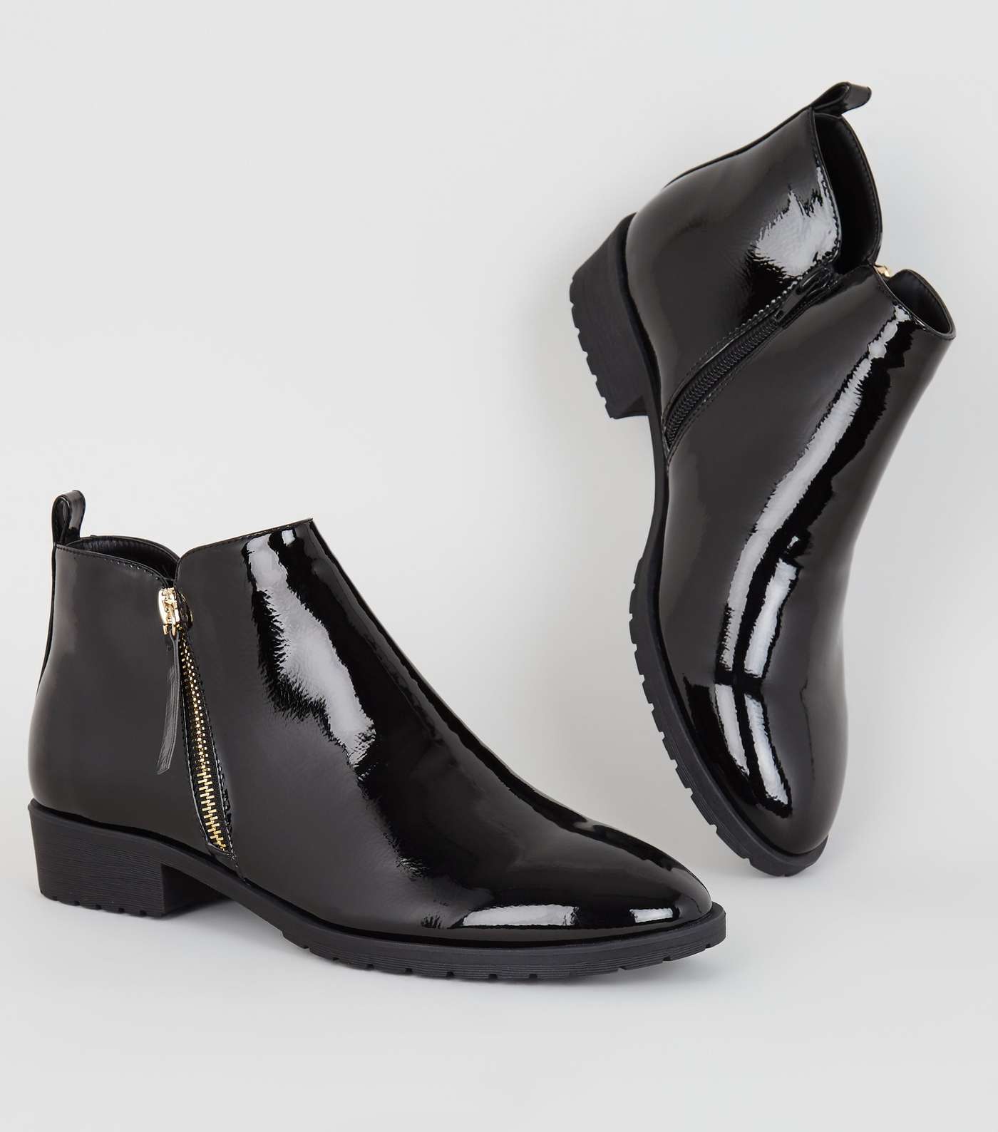 Black Patent Zip Side Flat Ankle Boots Image 4