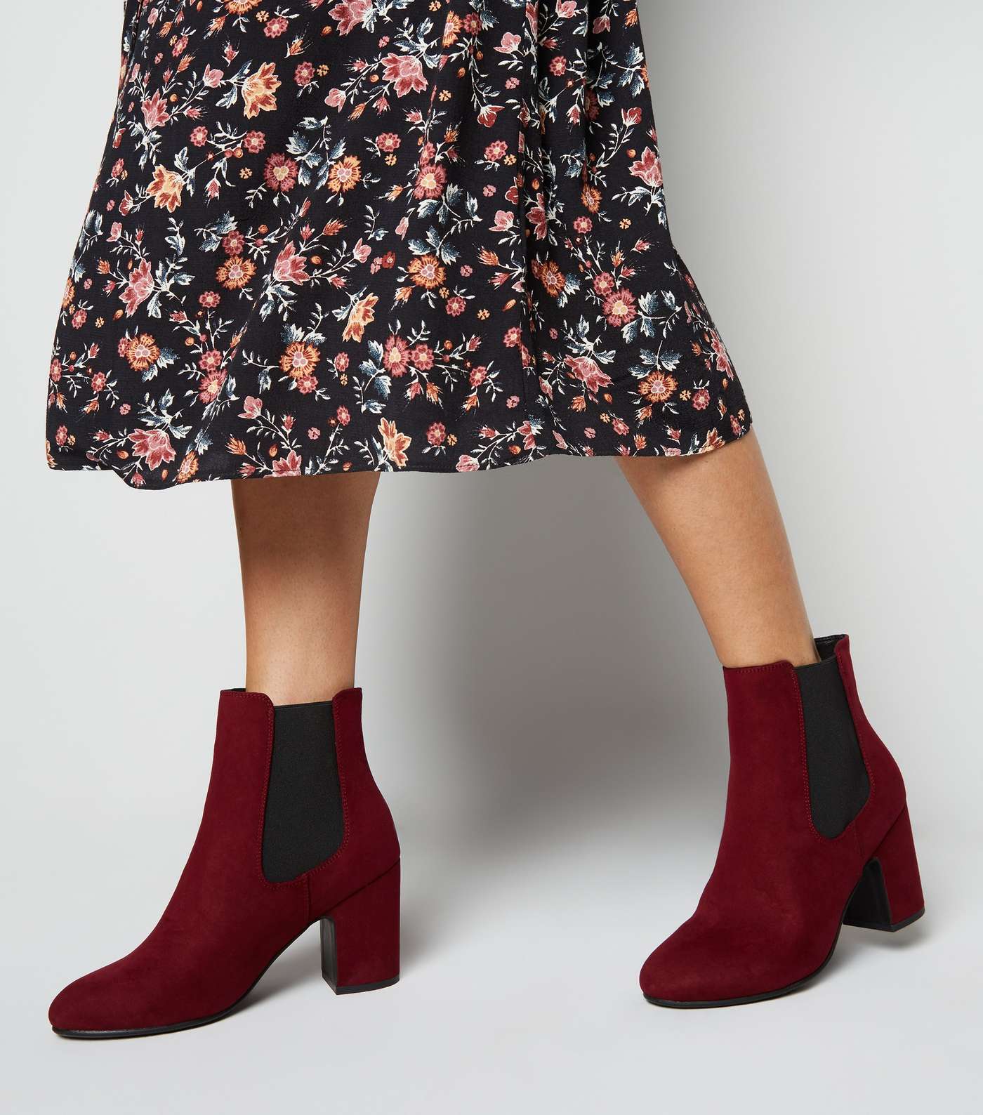 Dark Red Suedette Block Heel Chelsea Boots Image 2