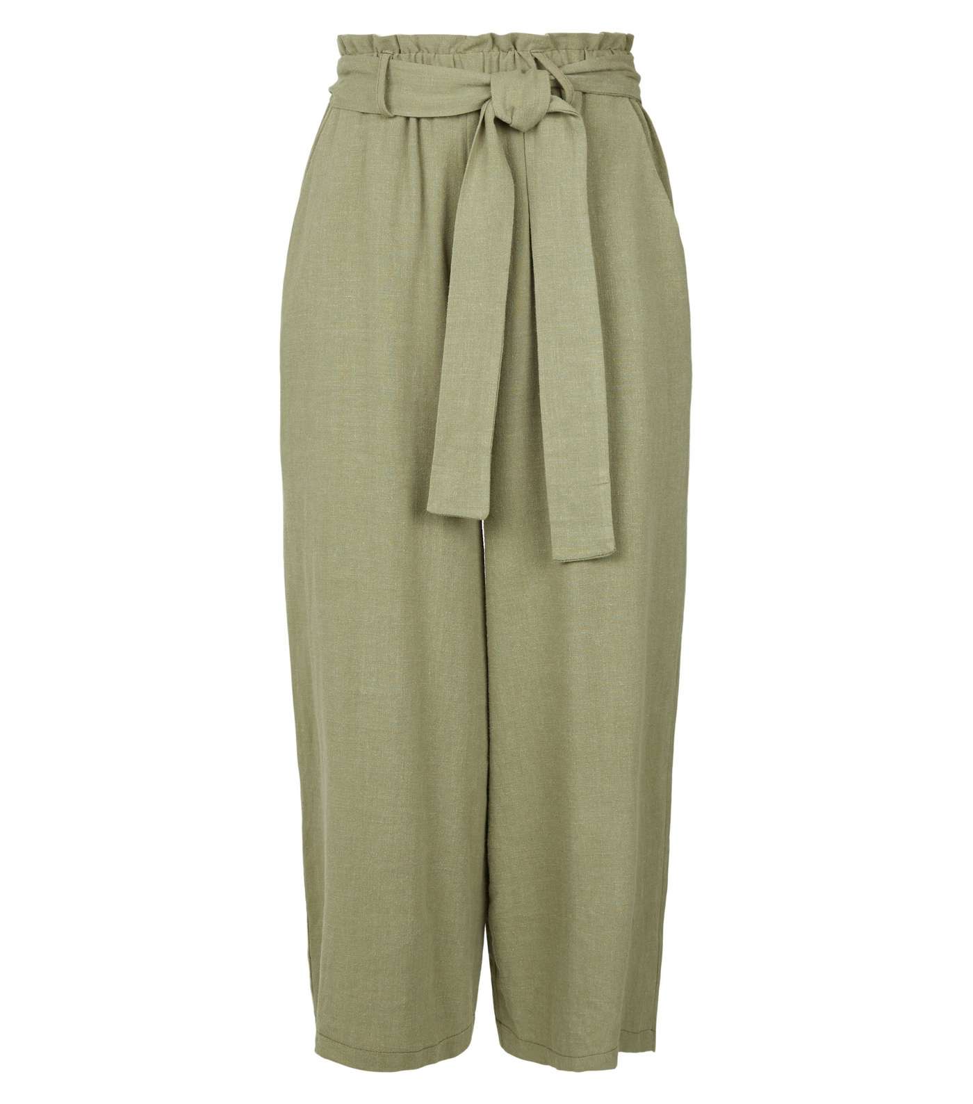 Khaki Linen Look High Waist Crop Trousers Image 4