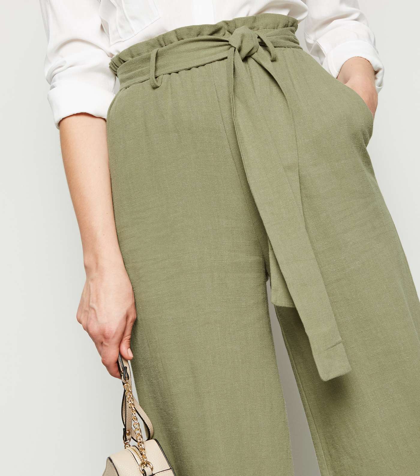 Khaki Linen Look High Waist Crop Trousers Image 2