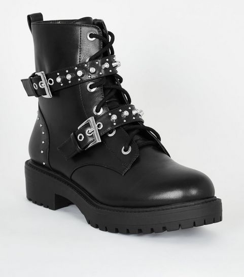 Black Leather-Look Stud Chunky Sole Boots