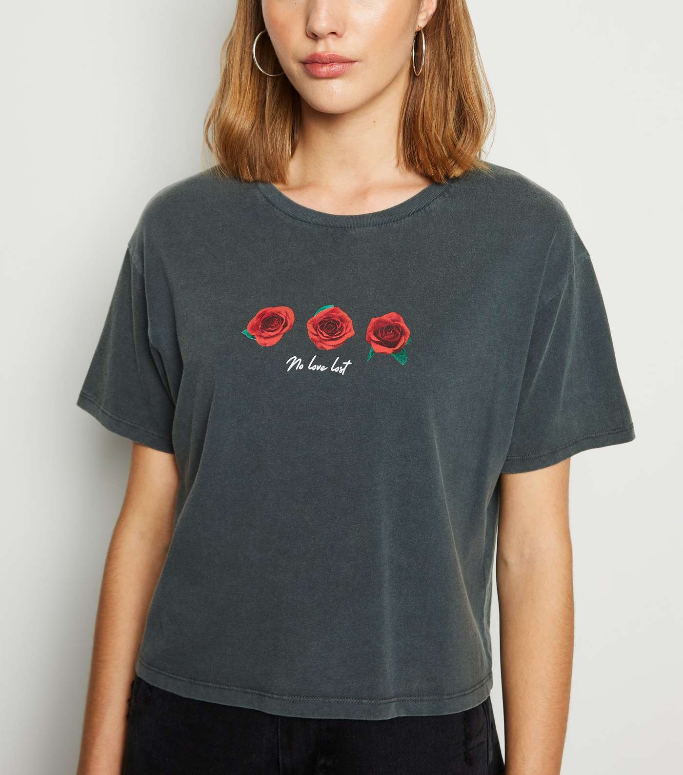 Dark Grey Acid Wash Rose Love Slogan T-Shirt