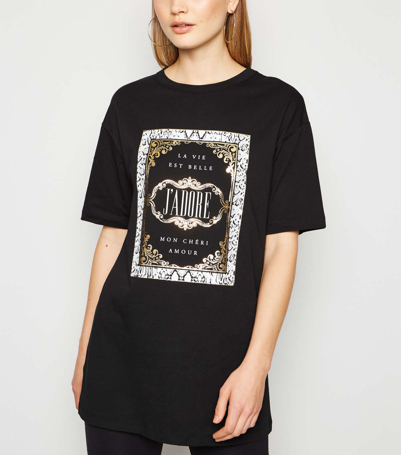 Black J'Adore Metallic Longline Slogan T-Shirt