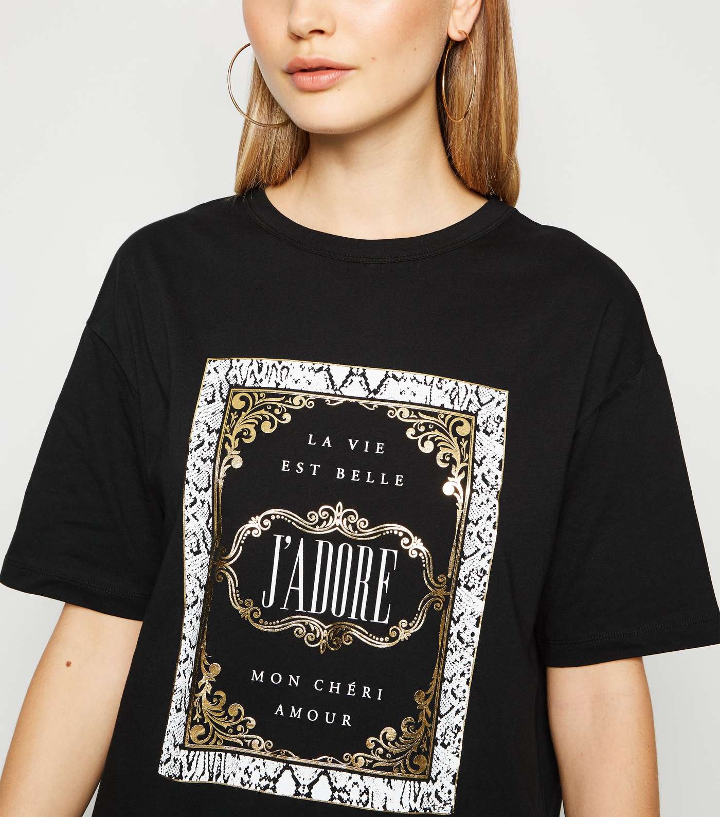 Black J'Adore Metallic Longline Slogan T-Shirt Image 5