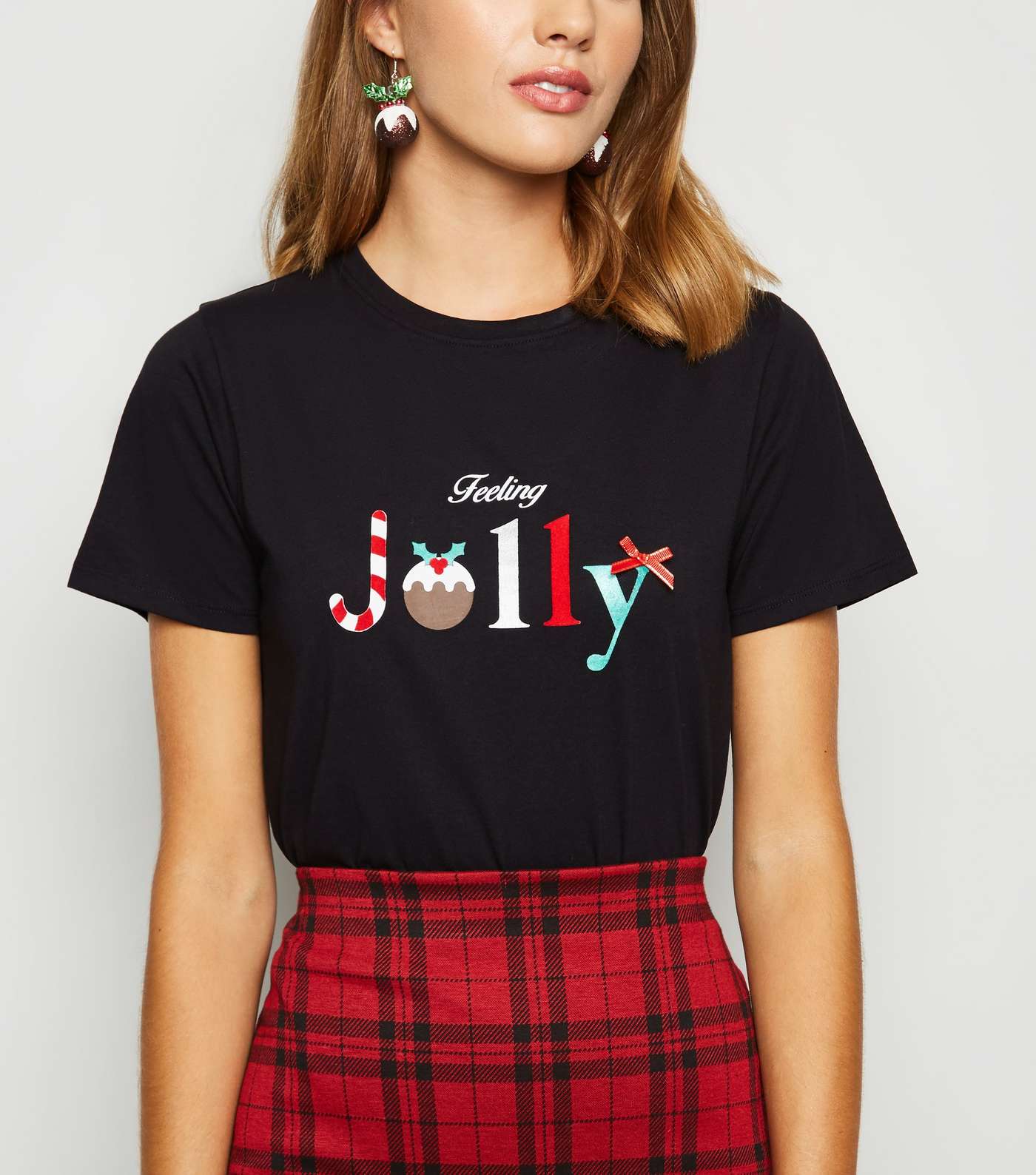 Black Christmas Feeling Jolly Slogan T-Shirt