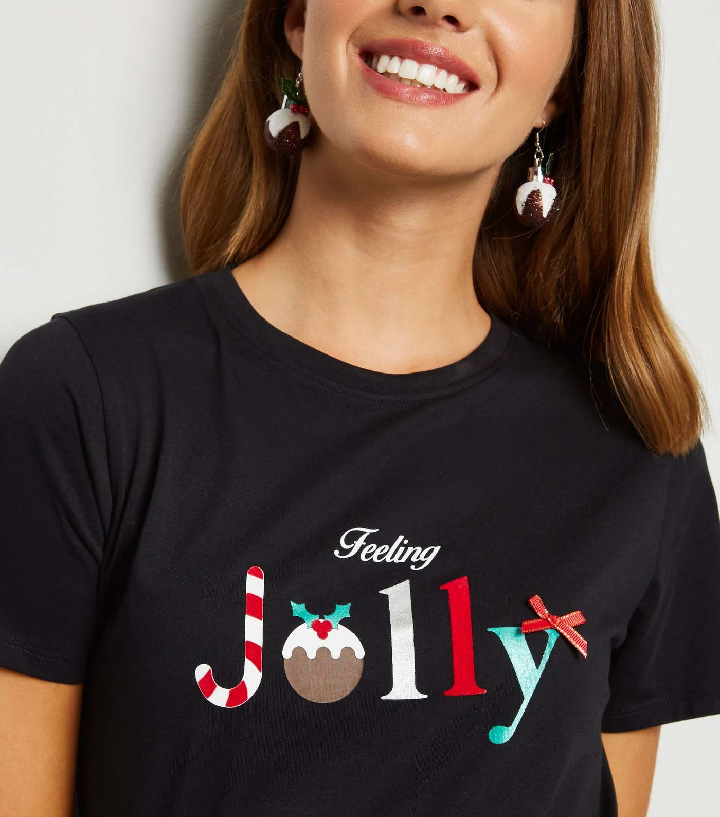 Black Christmas Feeling Jolly Slogan T-Shirt Image 3