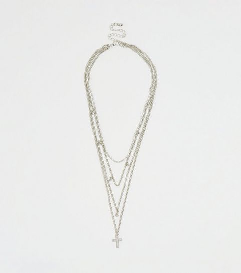 Silver Cross Diamanté Layered Necklace