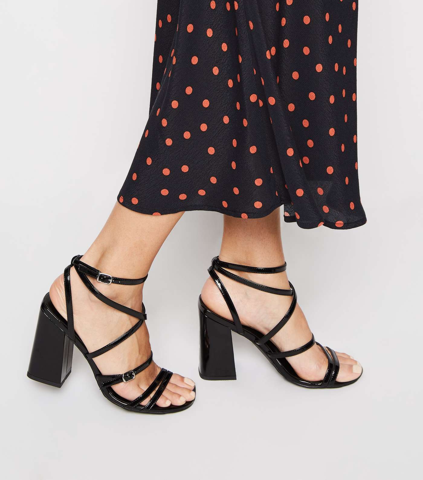 Black Patent Strappy Flared Block Heels Image 2