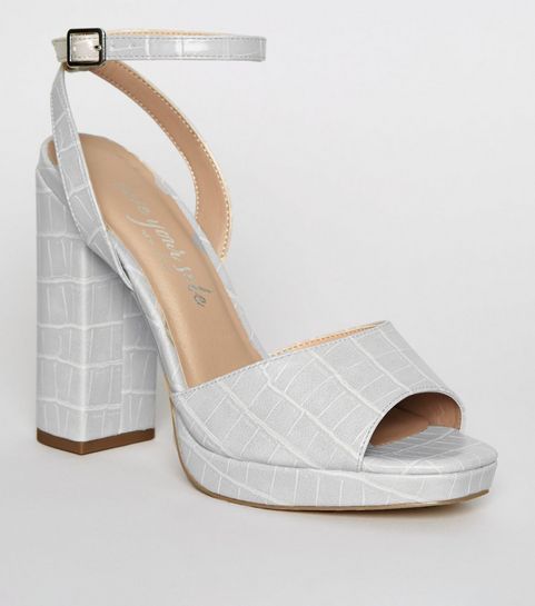 Grey Faux Croc Square Toe Platform Heels