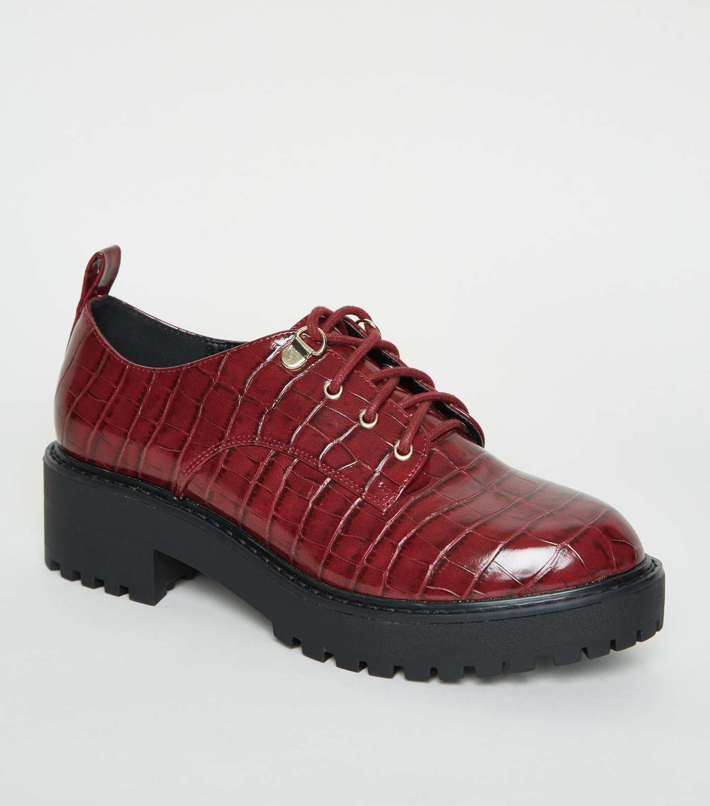 Burgundy Faux Croc Chunky Lace Up Shoes