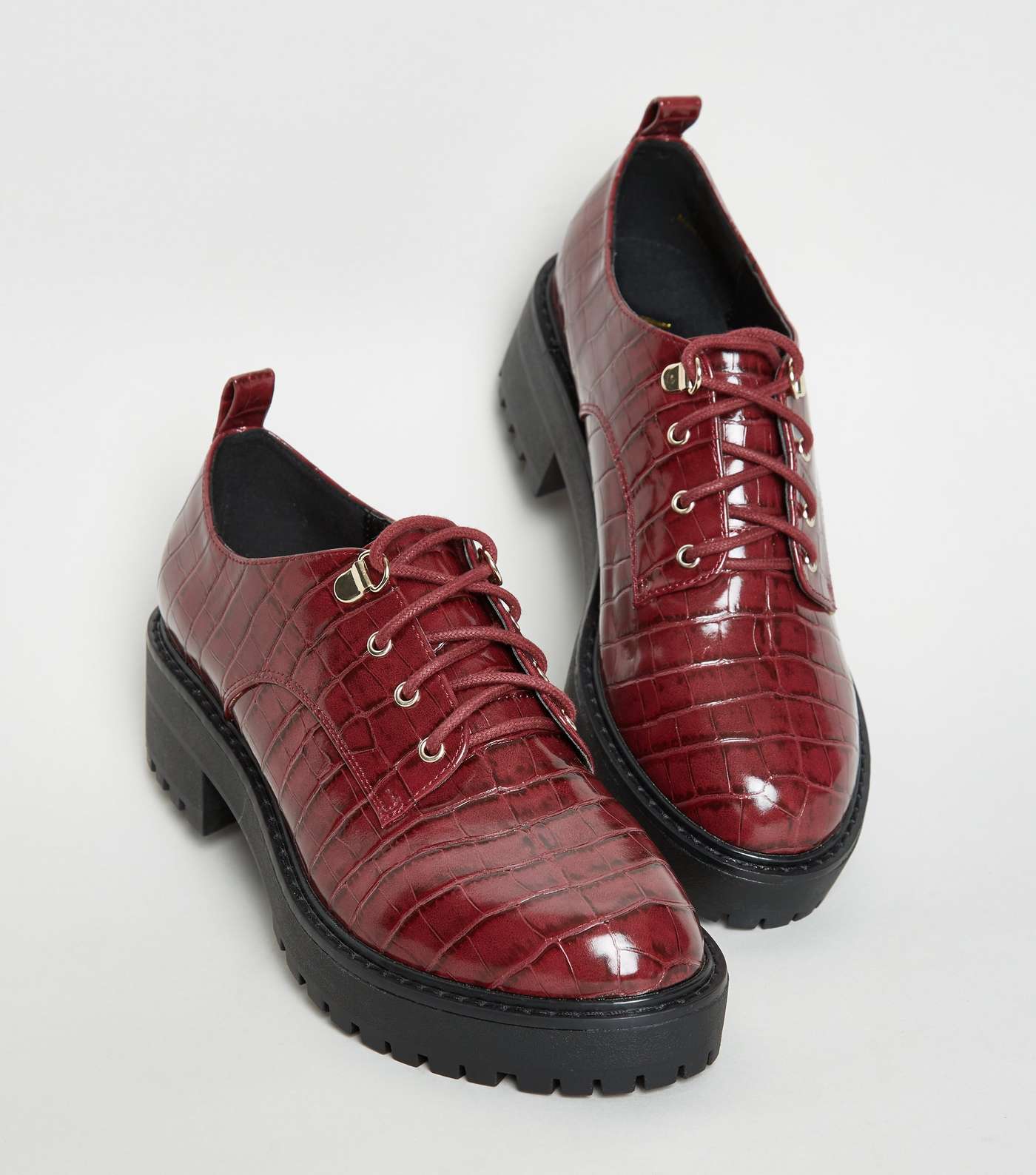 Burgundy Faux Croc Chunky Lace Up Shoes Image 3