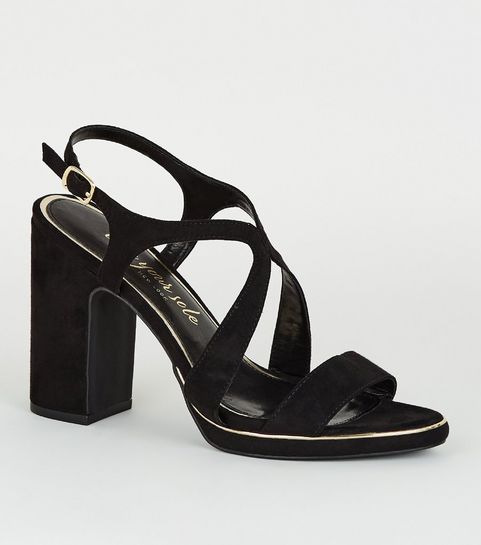 Black Suedette Metal Piped Cross Strap Heels