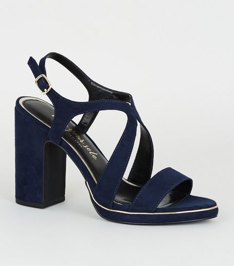 Navy Suedette Metal Piped Cross Strap Heels