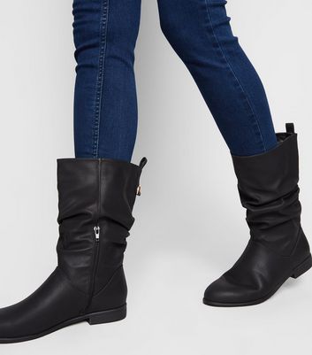Black Leather-Look Slouch Calf Boots 