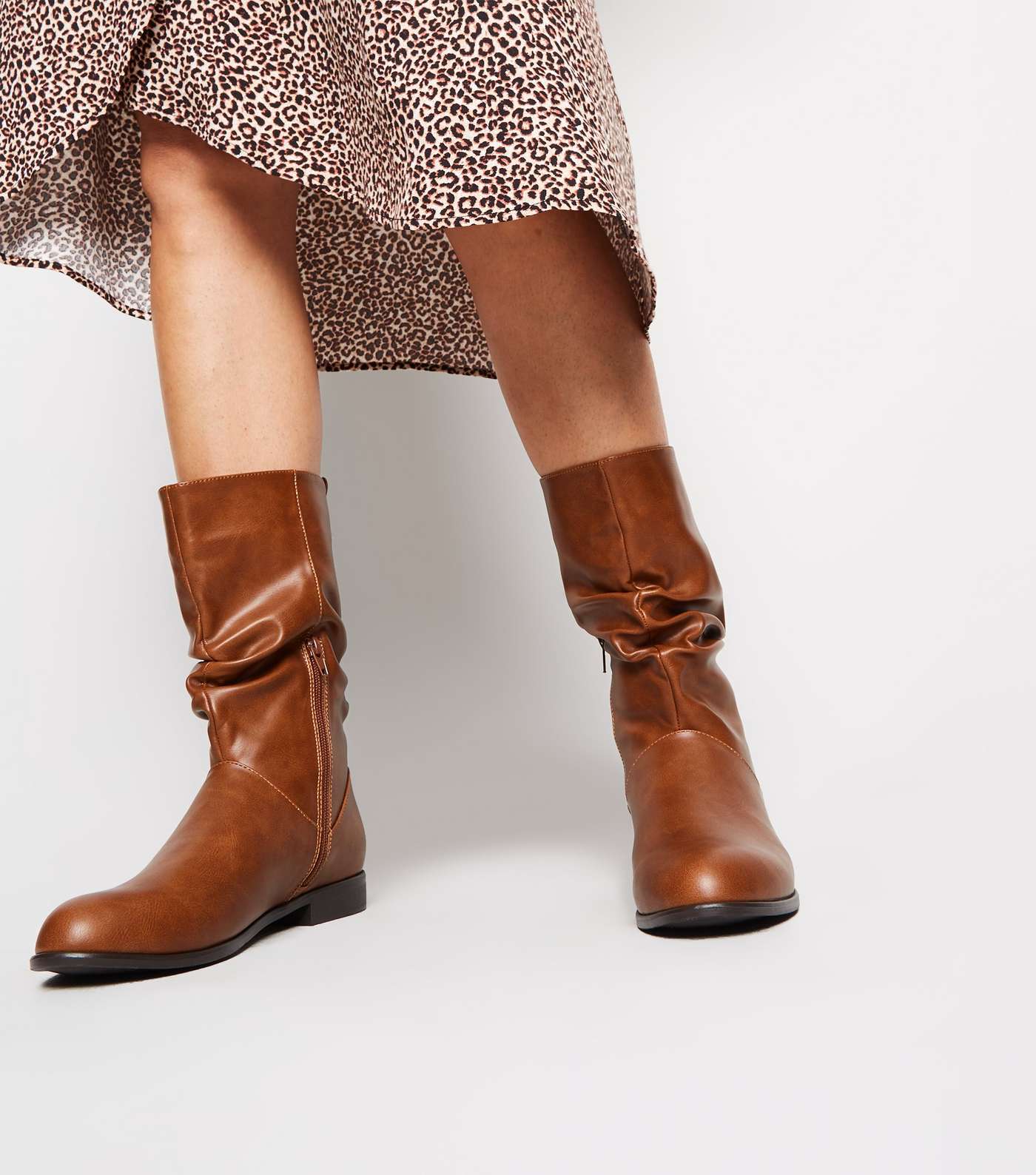 Tan Leather-Look Slouch Calf Boots Image 2