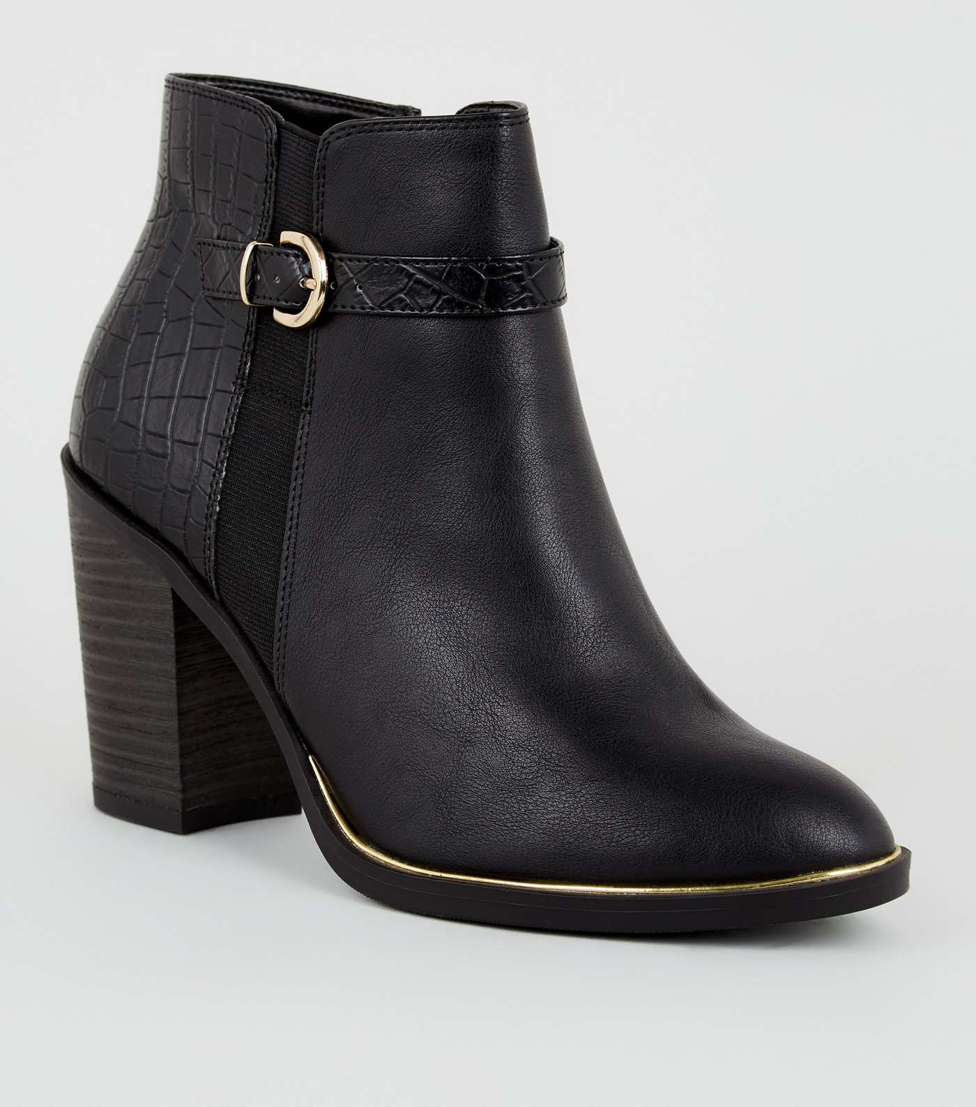Black Faux Croc Panel Heeled Ankle Boots