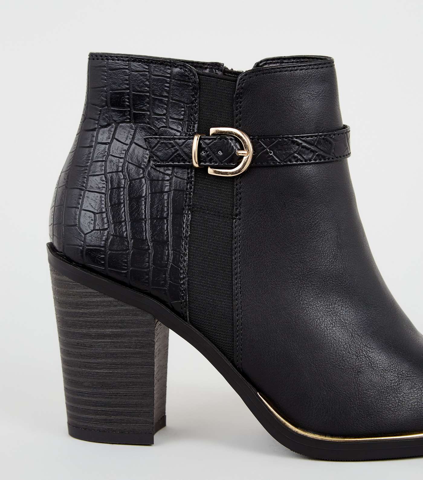 Black Faux Croc Panel Heeled Ankle Boots Image 3