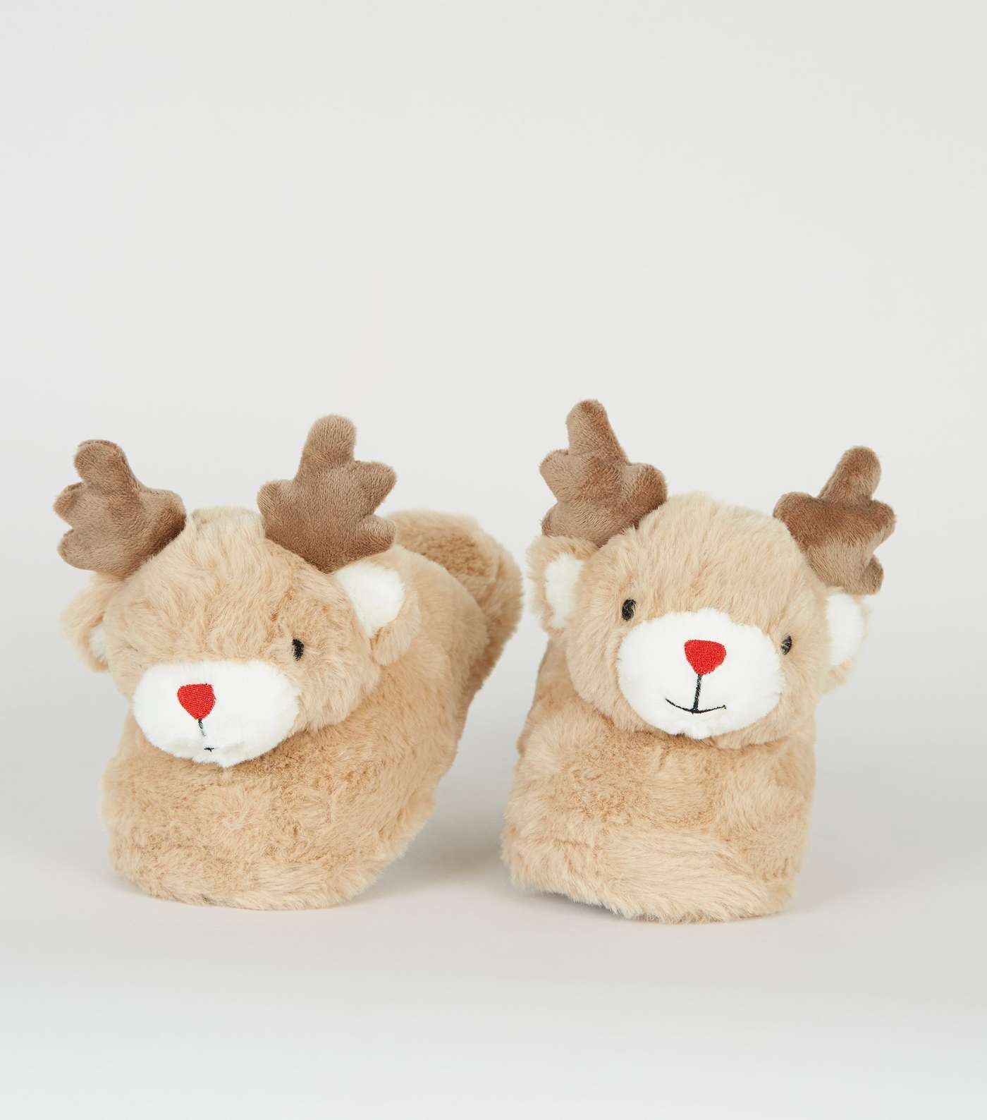 Girls Tan Faux Fur Christmas Reindeer Slippers Image 3