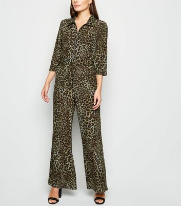 Image of Blue Vanilla Khaki Leopard Print Jumpsuit New Look
