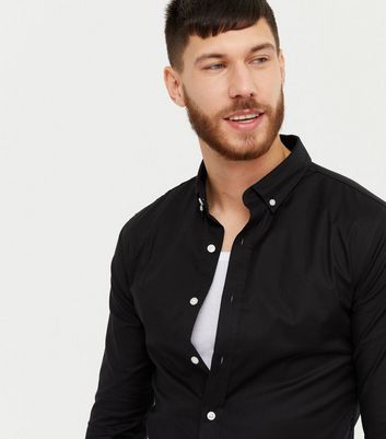 Image of Black Long Sleeve Muscle Fit Oxford Shirt New Look