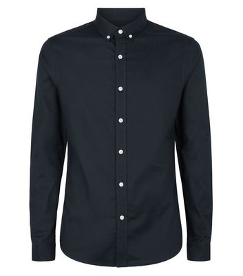Image of Navy Long Sleeve Muscle Fit Oxford Shirt New Look