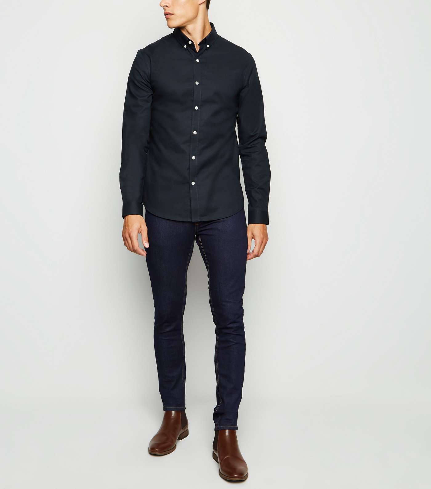 Navy Long Sleeve Muscle Fit Oxford Shirt Image 2